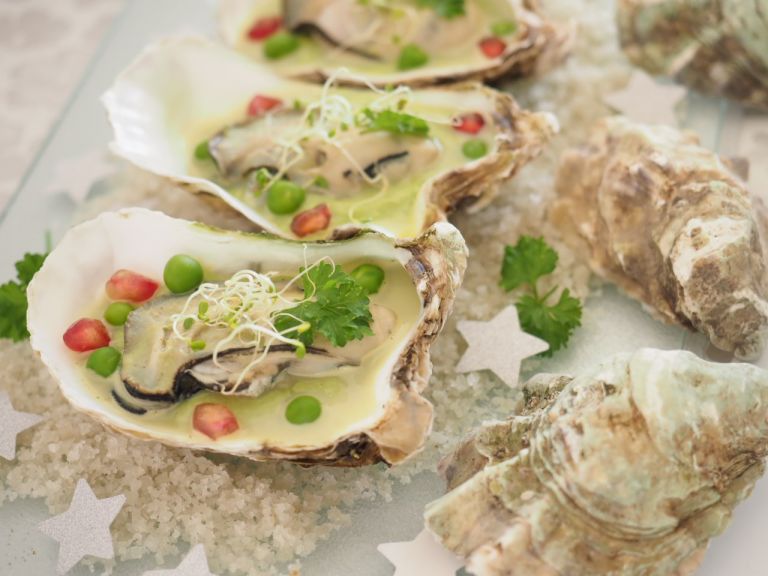 Huitres chaudes aux petits pois